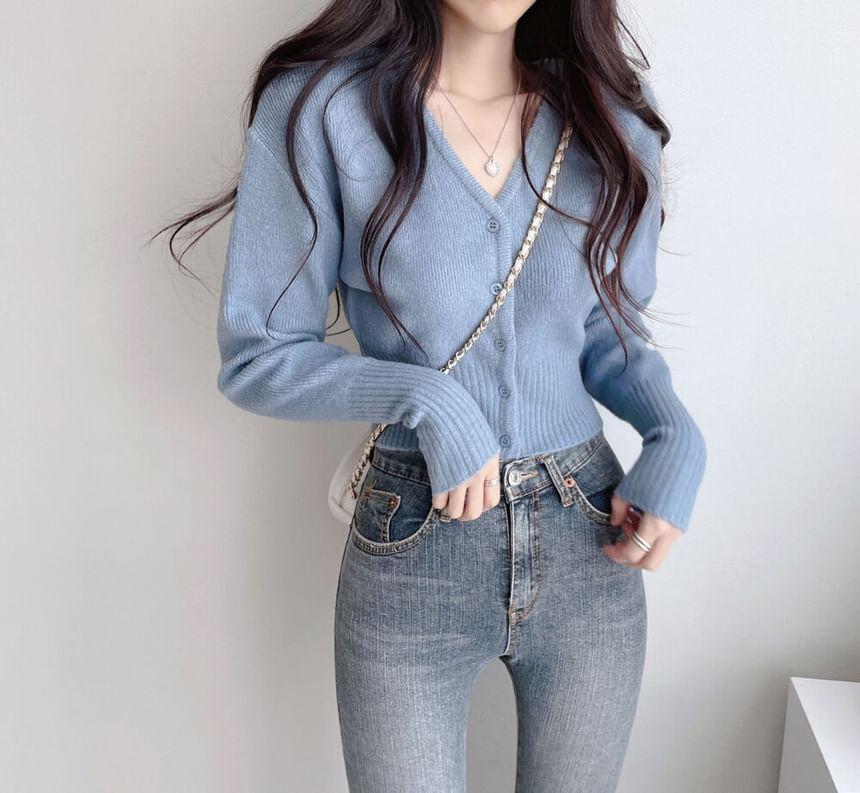 V-Neck Button-Up Plain Crop Cardigan Product Image