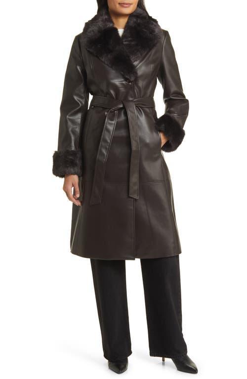 Via Spiga Womens Faux-Leather Faux-Fur-Trim Trench Coat Product Image
