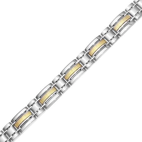 Men's Three Row Textured Inlay Link Bracelet in Stainless Steel and 14K Gold - 8.5" Product Image