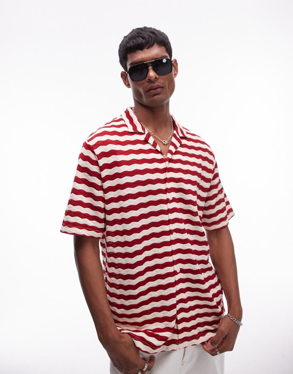 Topman short sleeve stripe crochet holiday shirt in red Product Image