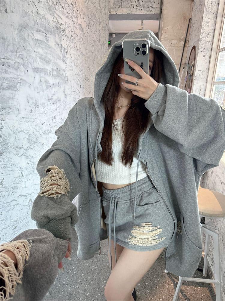 Plain Distressed Zip Hoodie / Drawstring Waist Mini Pencil Skirt Product Image