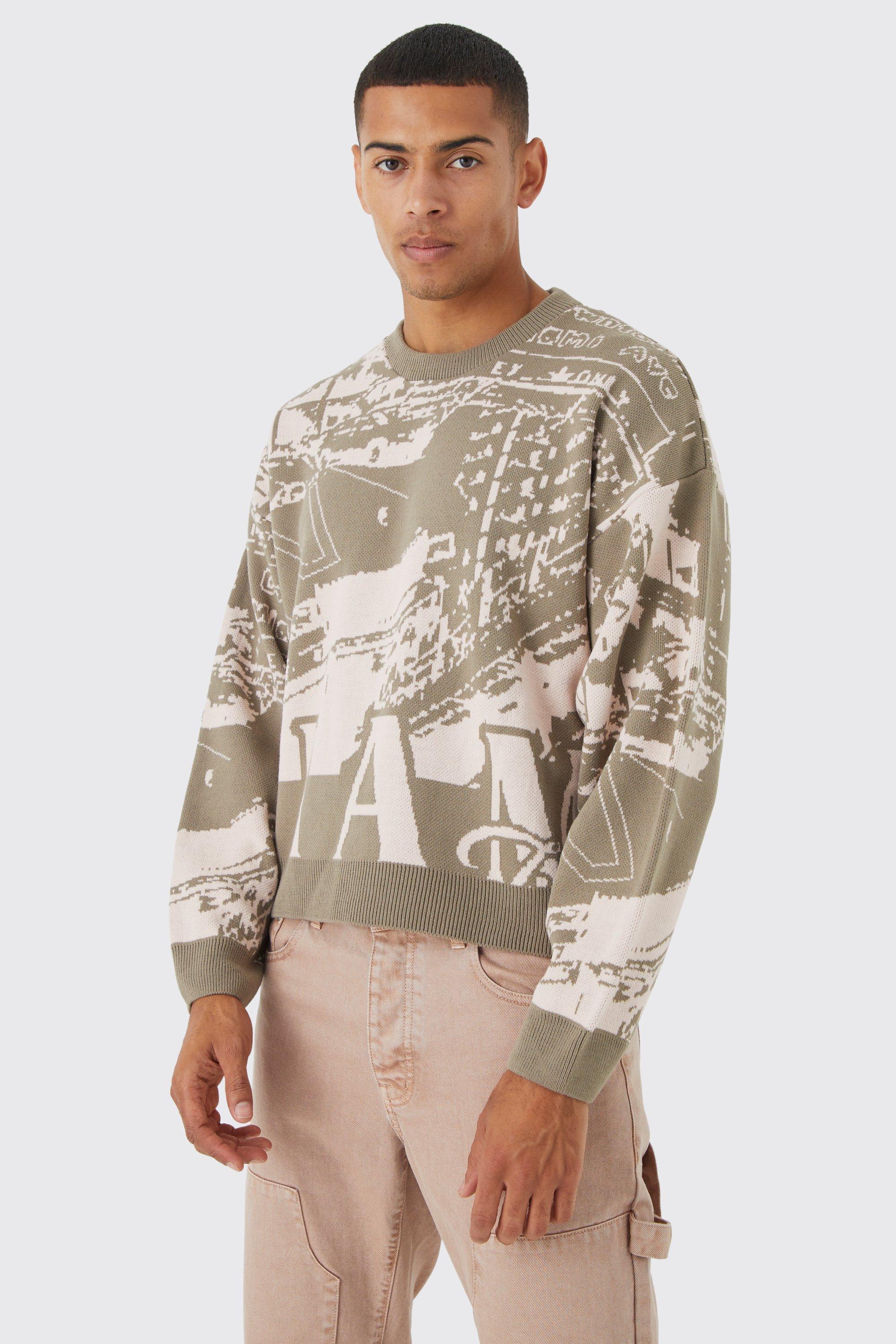 Mens Beige Boxy Oversized Graphic Jumper, Beige Product Image