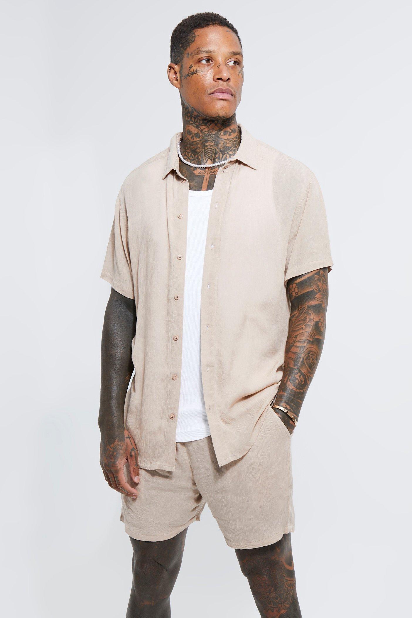 Short Sleeve Cheese Cloth Shirt And Short Set | boohooMAN USA product image