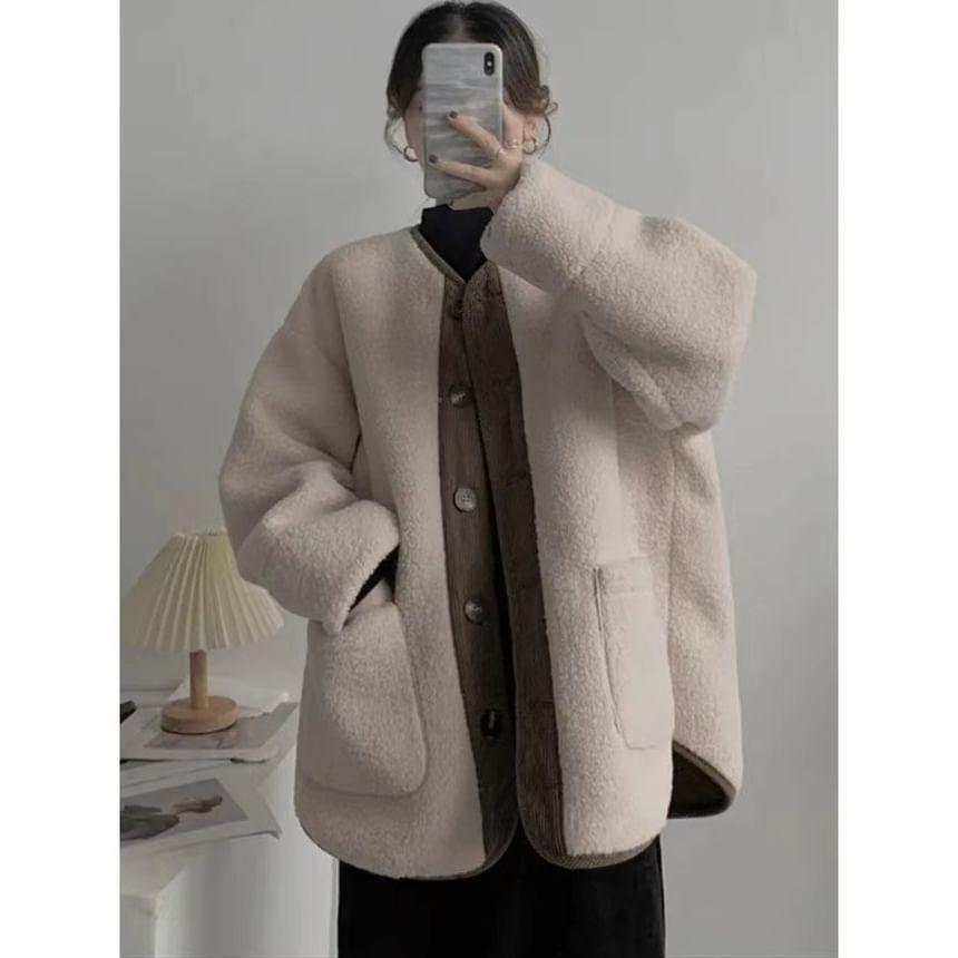 V-Neck Two Tone Panel Fleece Button Jacket Product Image