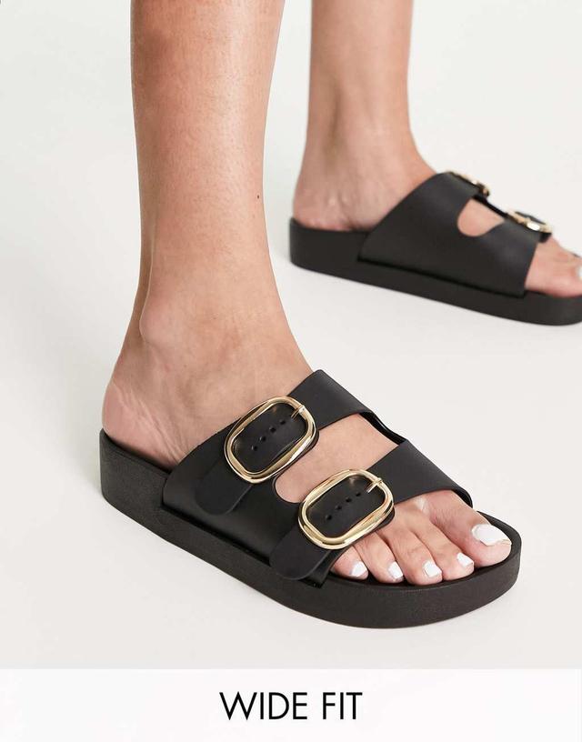 London Rebel wide fit double buckle footbed sandals in black Product Image