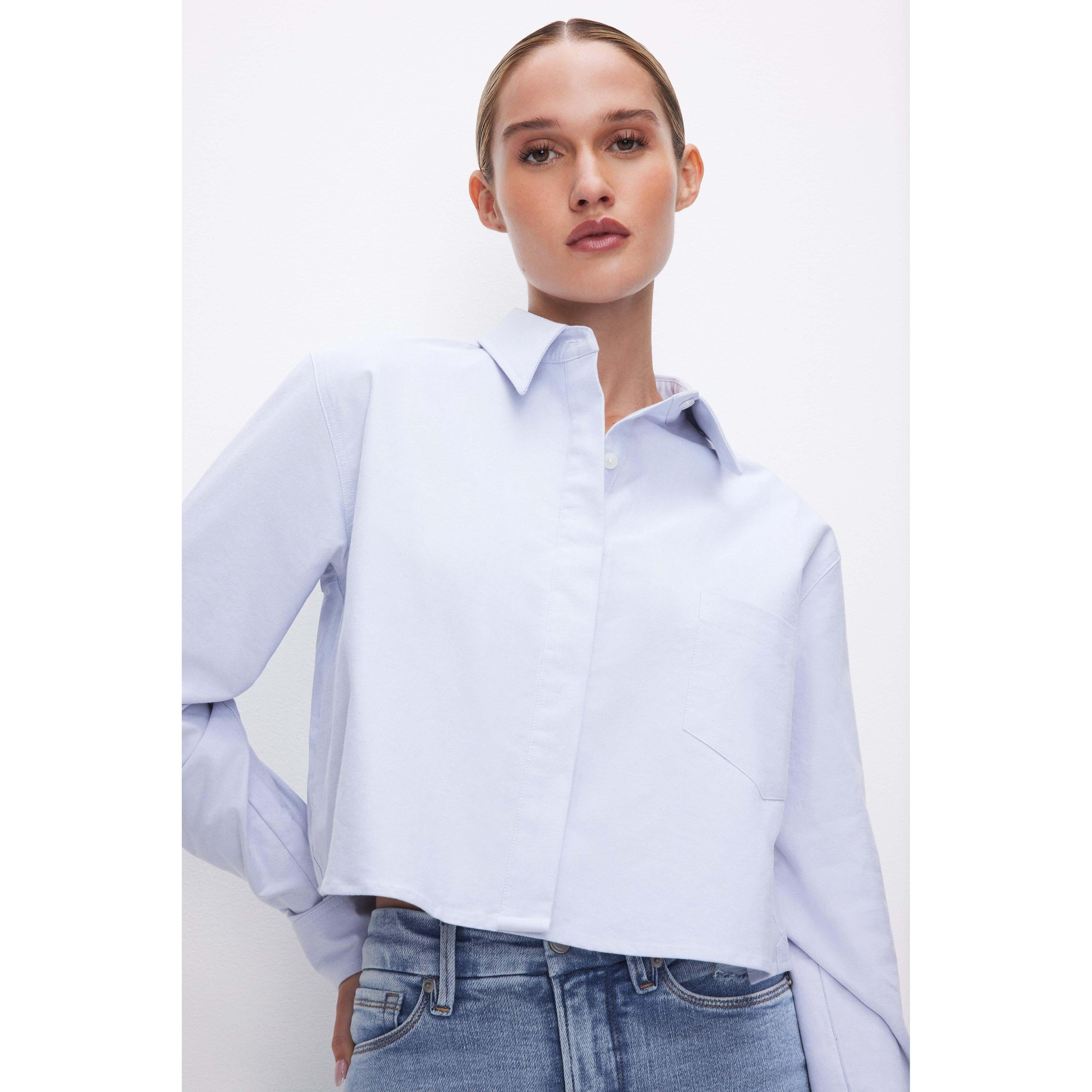 Womens Cropped Poplin Shirt | Good Blue, Size Large | Good American by Khlo Kardashian Product Image