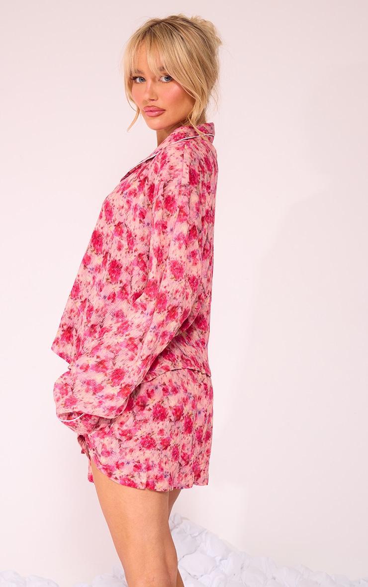 Pink Watercolour Floral Crinkle Piping Long Sleeve Shirt And Short Pj Set Product Image