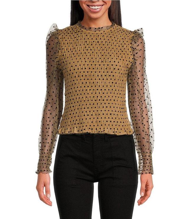 Lucy Paris Tasha Mesh Dotted Print Smocked Mock Neck Long Sleeve Top Product Image