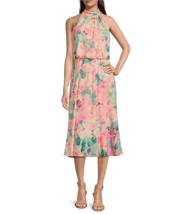 Adrianna Papell Floral Mock Halter Neck Sleeveless Blouson Midi Dress Product Image