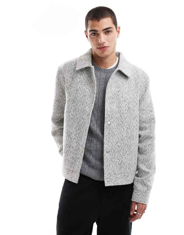 ASOS DESIGN wool look harrington jacket in neutral herringbone Product Image