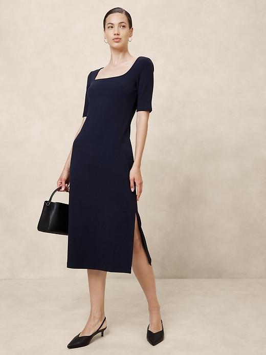 Elbow-Sleeve Ribbed Midi Dress Product Image