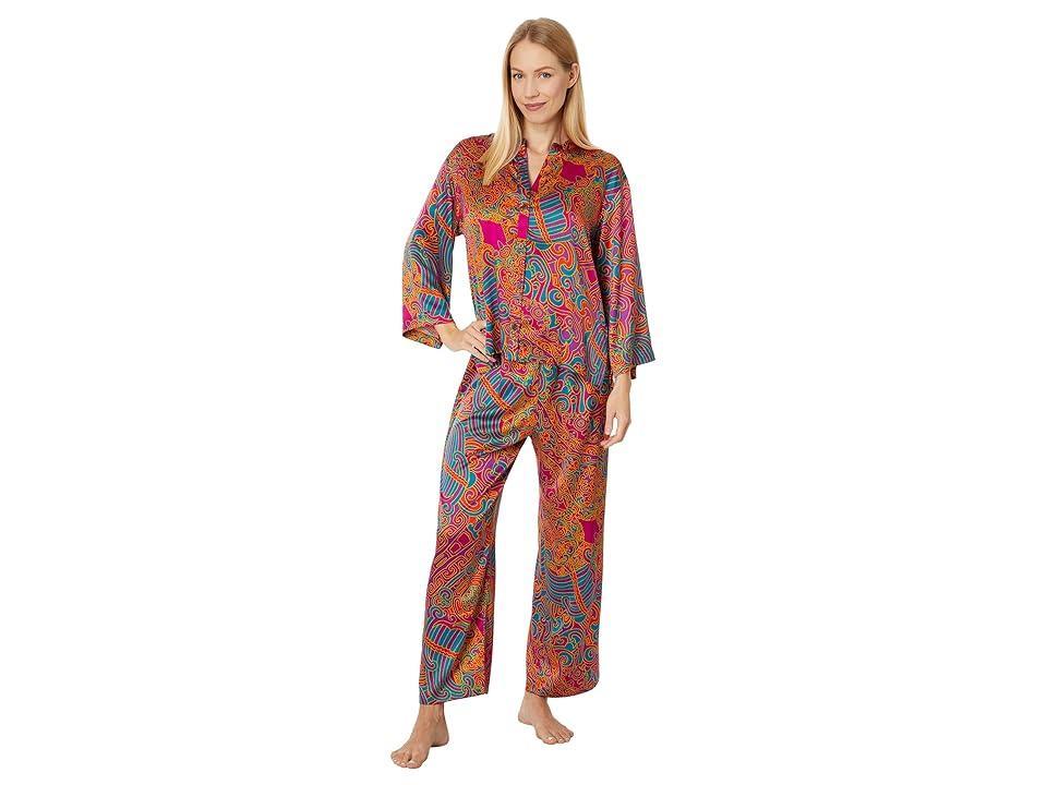 N by Natori Kaleidoscope Satin Mandarin Pajama Pant Set (Fuchsia) Women's Pajama Sets Product Image