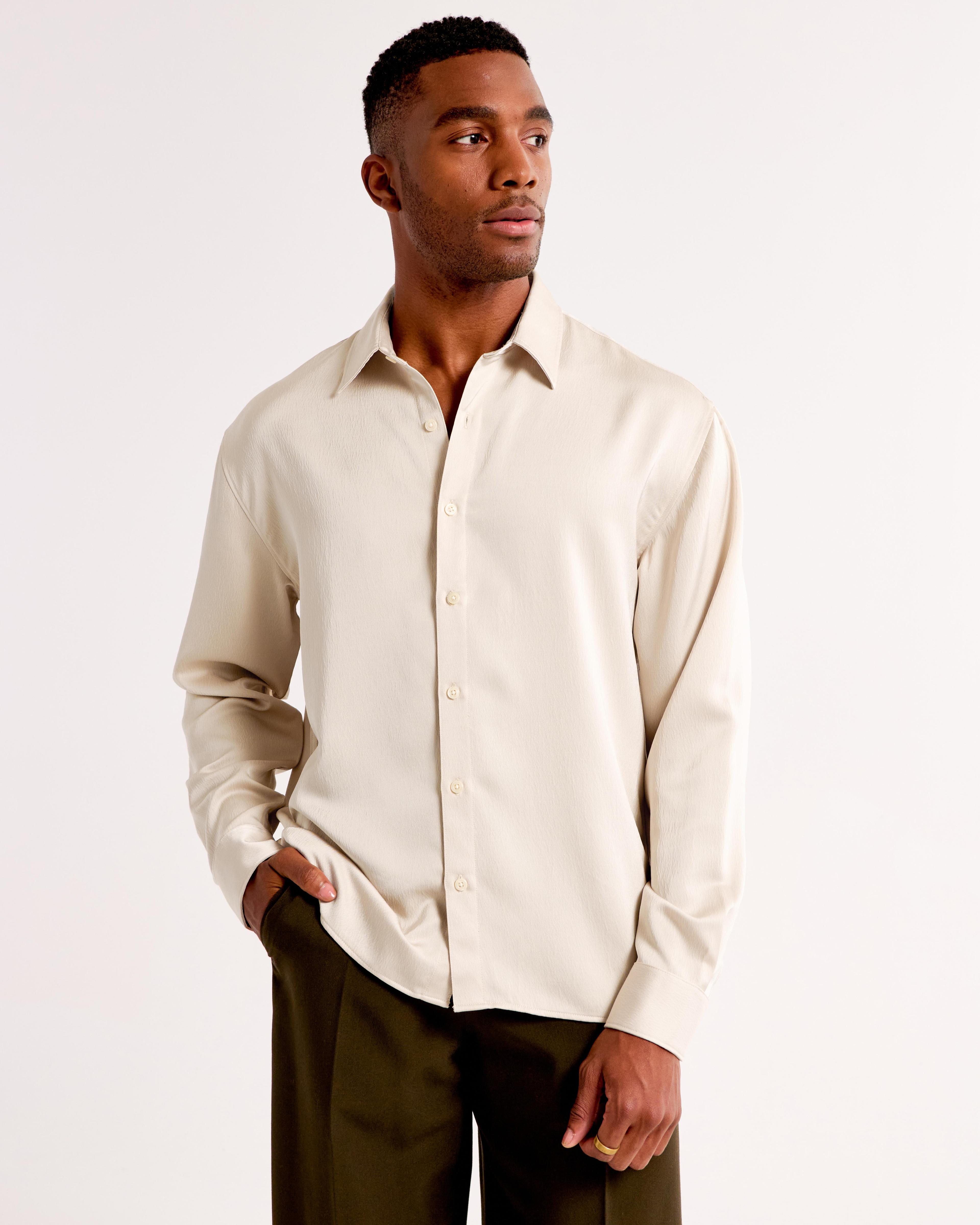 Long-Sleeve Silky Button-Up Shirt Product Image