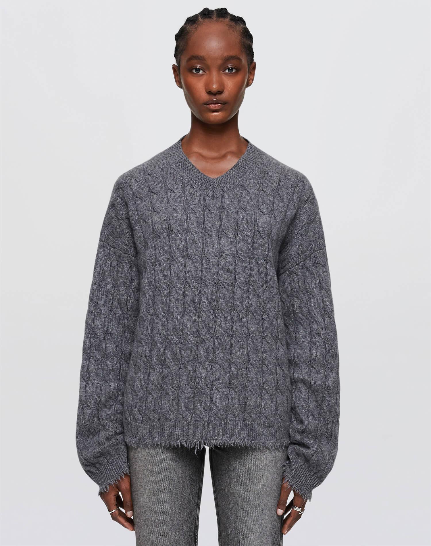 Cashmere Cable V Neck Pullover - Grey Heather product image