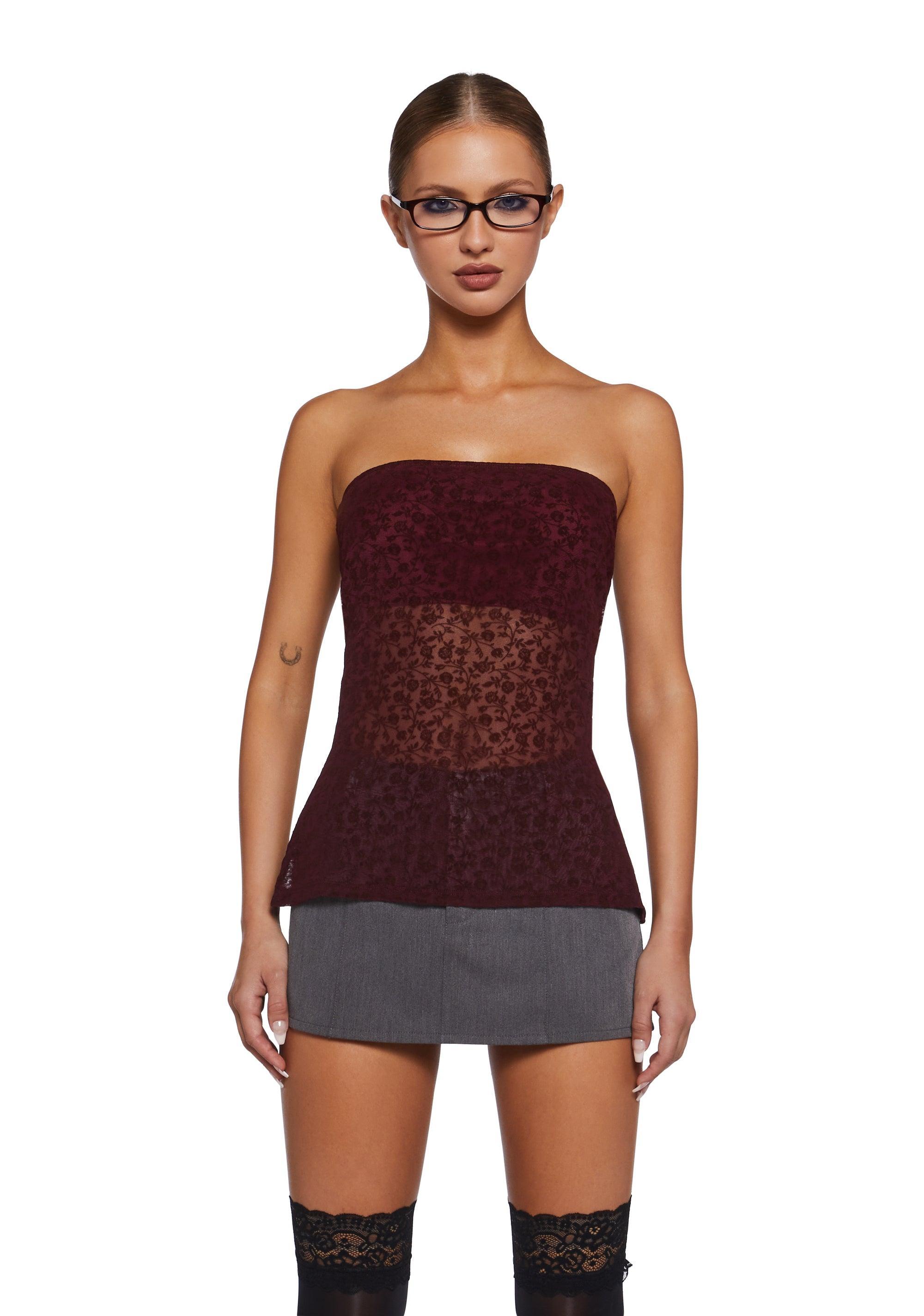 Motel Womens Flocked Mesh Bandeau Strapless Top - Red Product Image