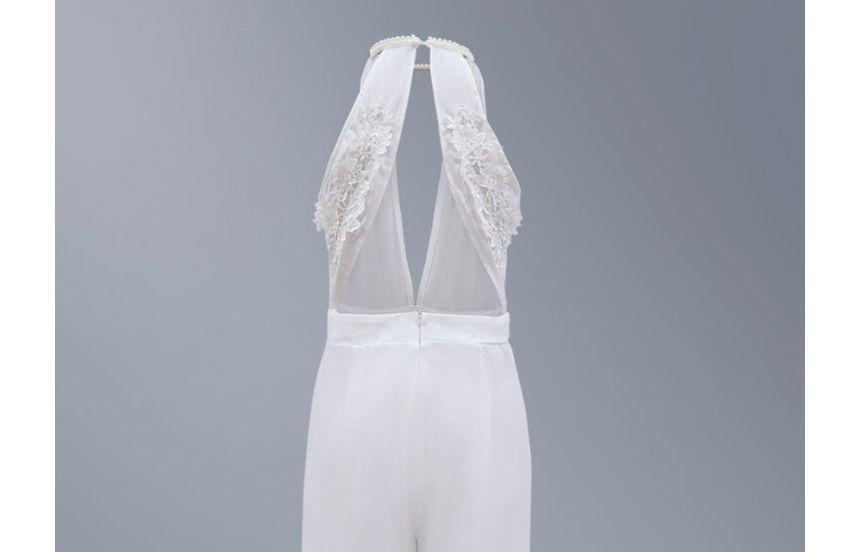 Halter Neck Plain Keyhole Faux Pearl Embroidered Wide Leg Cocktail Jumpsuit Product Image