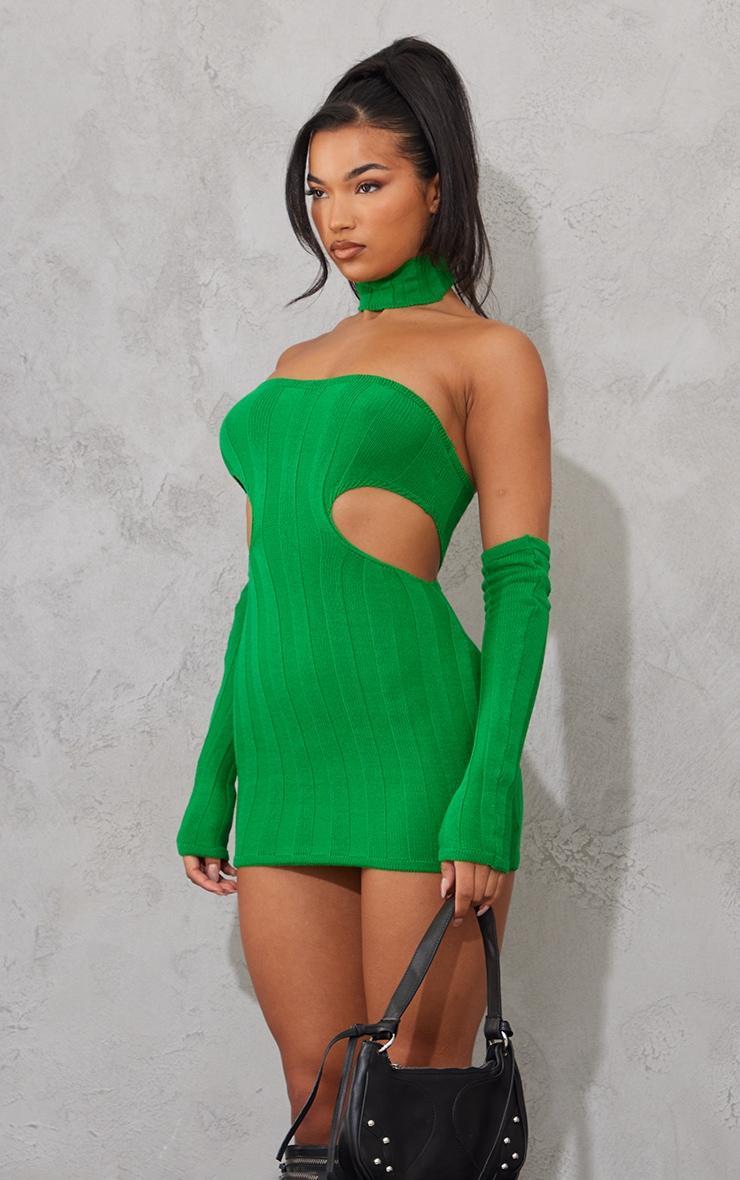 Emerald Green Wide Rib Knit Cut Out Dress & Sleeves & Collar Product Image