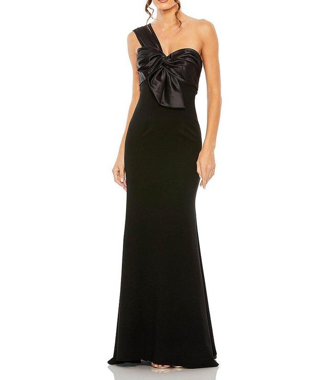 Mac Duggal Satin Tie Front Detail One Shoulder Sleeveless Draped Trumpet Gown Product Image