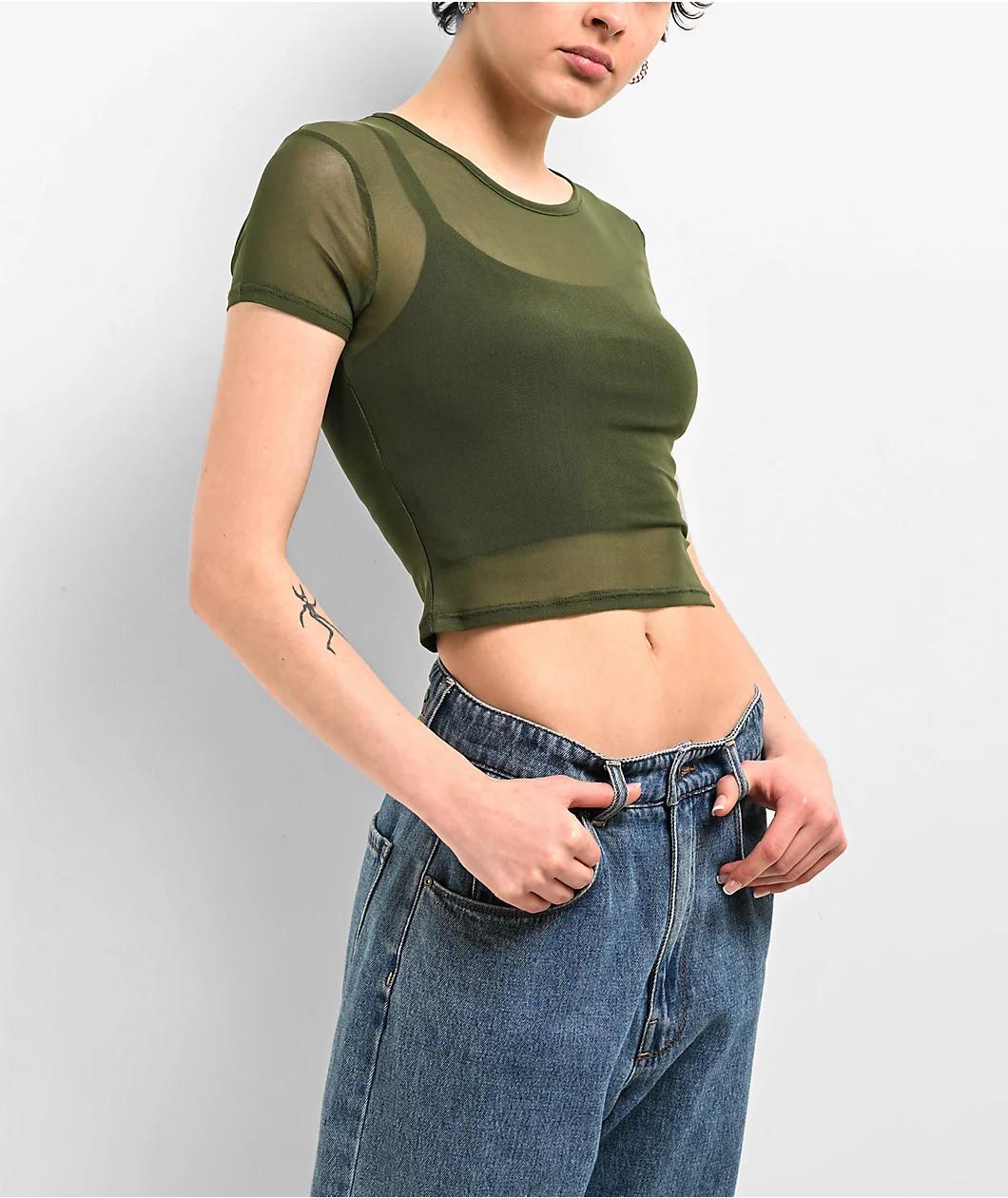 Zine Cashie Green Mesh Crop T-Shirt Product Image