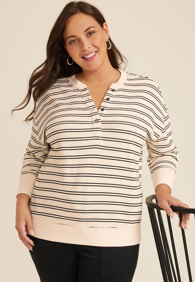 Maurices Plus Size Womens Striped Henley Pullover Beige Size 0X Product Image