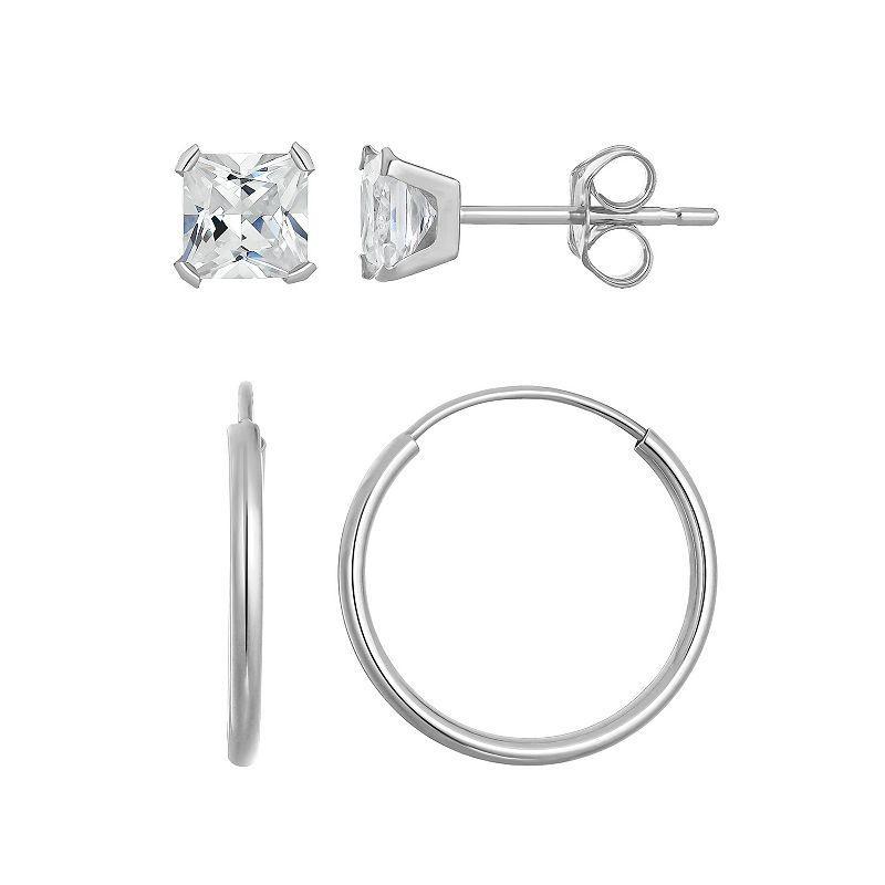 Taylor Grace 10k Gold 3 mm Square Cubic Zirconia Stud & 10 mm Hoop Earring Set, Womens, White Product Image