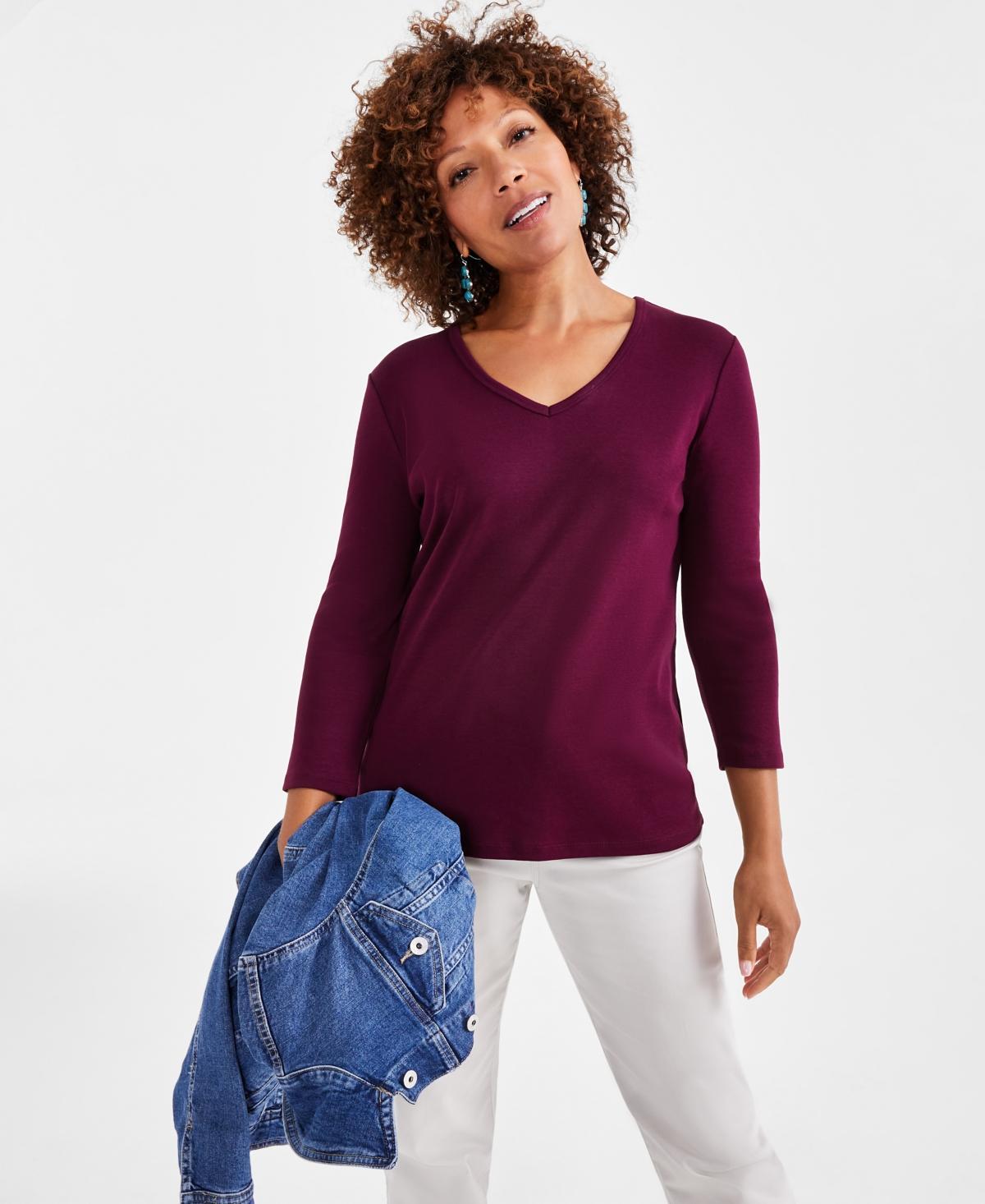 Style & Co Womens Cotton 3/4-Sleeve V-Neck Tee, Created for Macys Product Image