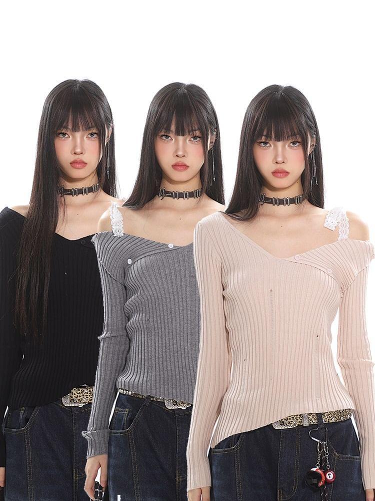 Long Sleeve Cold Shoulder Plain Tie-Up Ribbed Knit Top Product Image