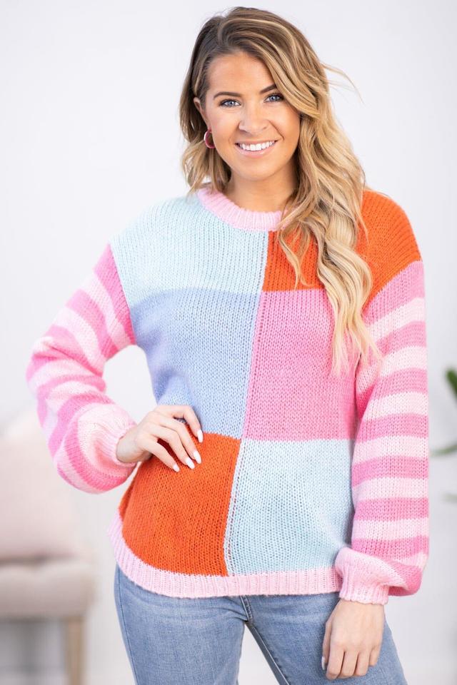 Pink and Blue Colorblock Stripe Sleeve Sweater Product Image