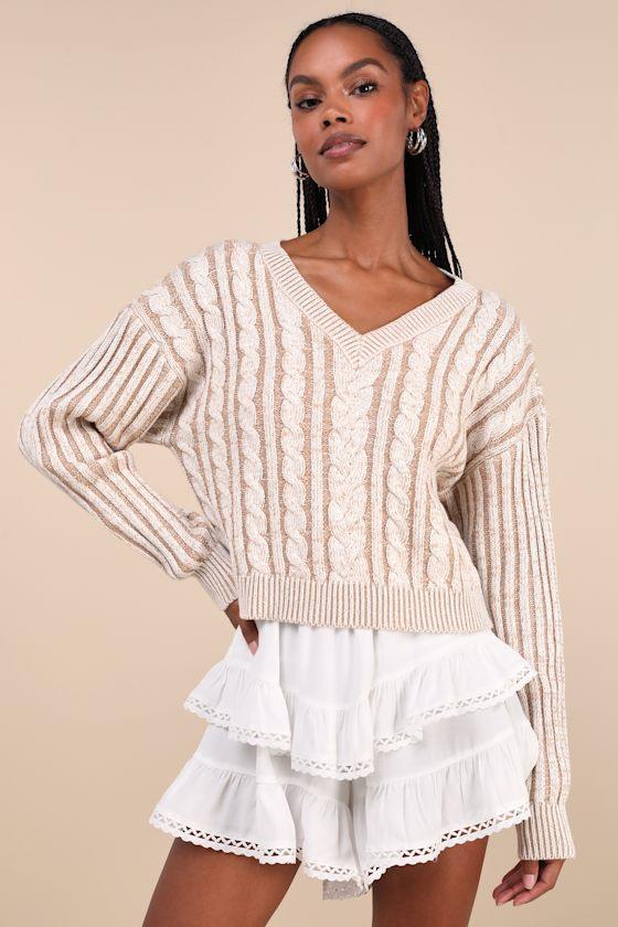 Cozy Classic Tan and Ivory Heathered Cable Knit V-Neck Sweater Product Image