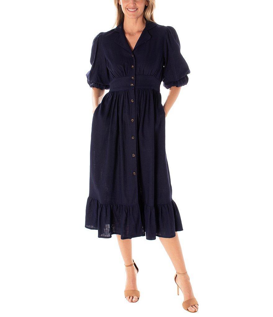 Maison Tara Short Puff Sleeve Notch Collar V-Neck Ruffle Hem Side Pocket Button Down Linen Blend Midi Dress product image