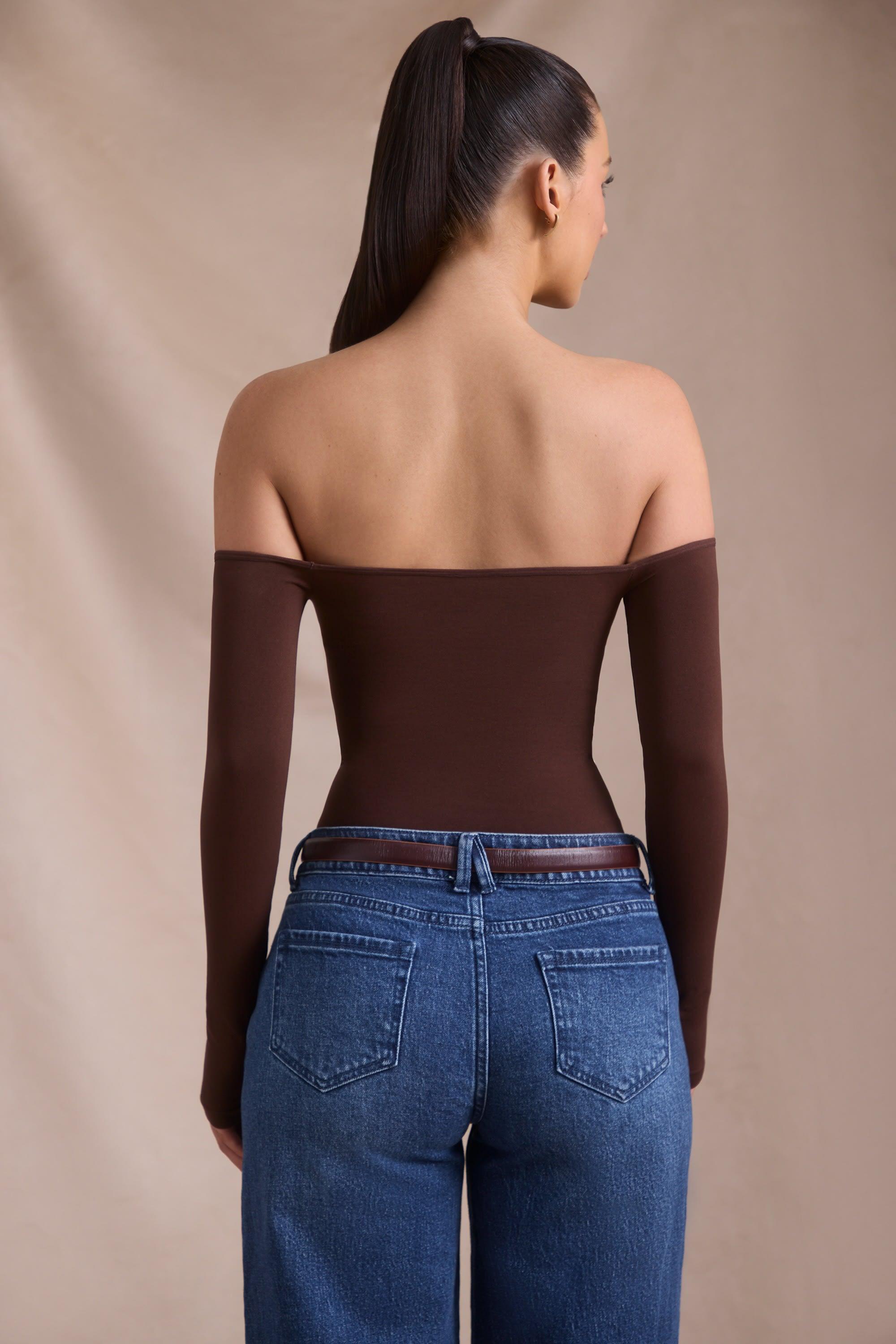 Seamless Off-Shoulder Long-Sleeve Bodysuit in Espresso Product Image