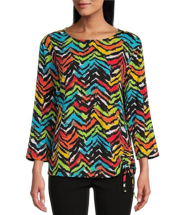 Multiples Chevron Print Slub Knit Boat Neck 3/4 Sleeve Drawstring Hem Top Product Image