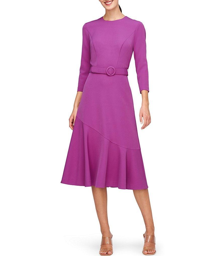 Kay Unger Stretch Crepe Round Neck 3/4 Sleeve Side Pocket Belted Asymmetrical Ruffle Hem Midi Dress Product Image