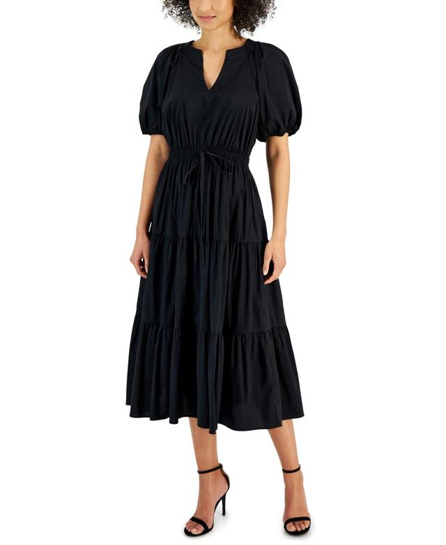 Anne Klein Womens Poplin Tiered Puff-Sleeve Midi Dress Product Image