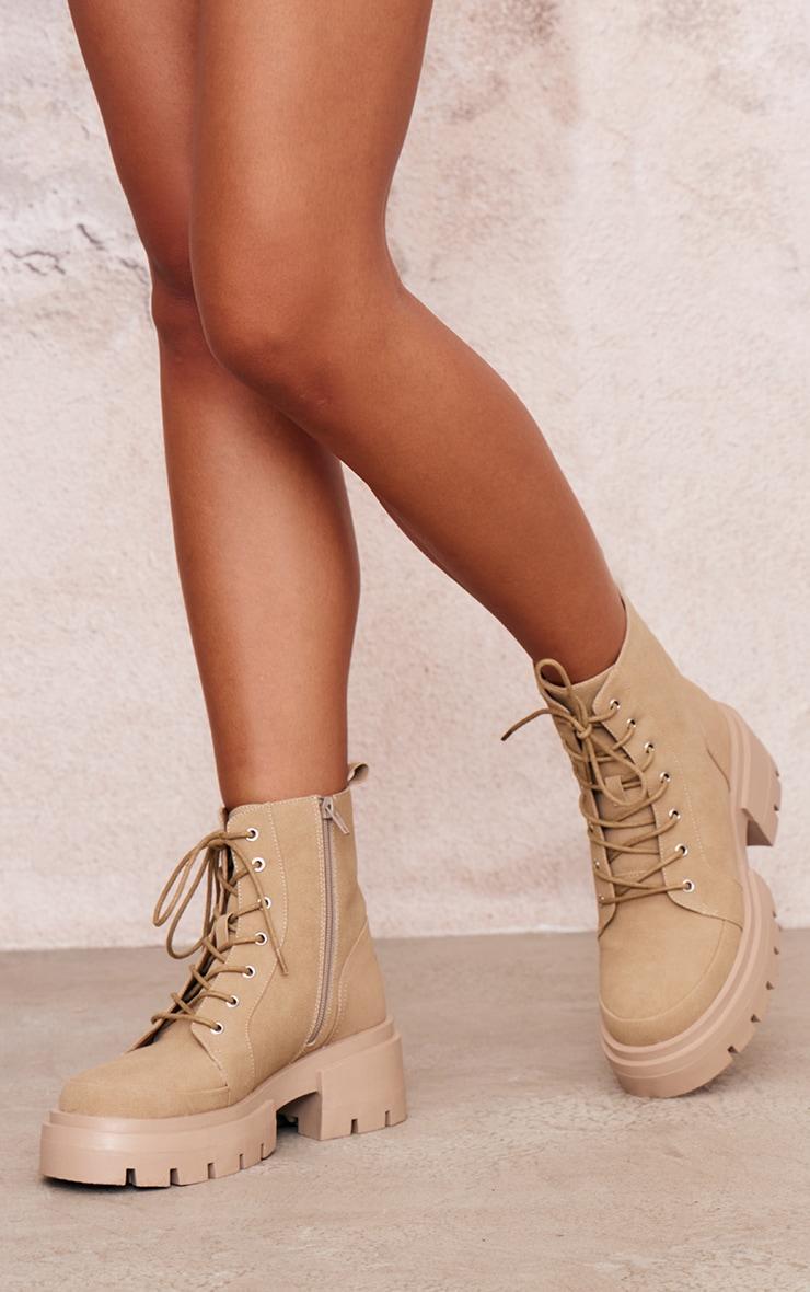 Tan PU Round Toe Lace Up Chunky Ankle Boots Product Image