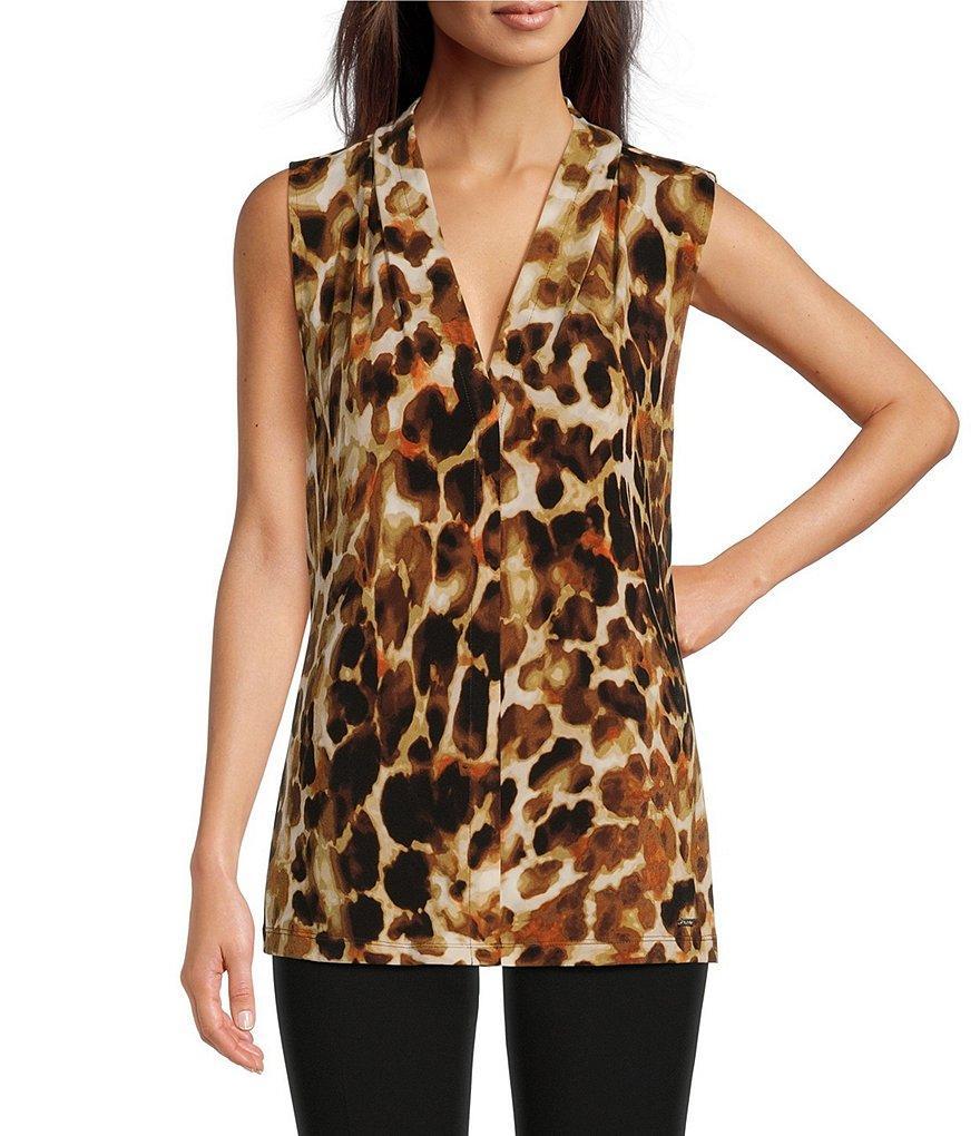 Calvin Klein Petite Size Leopard Print Knit Jersey V-Neck Sleeveless Cami Product Image