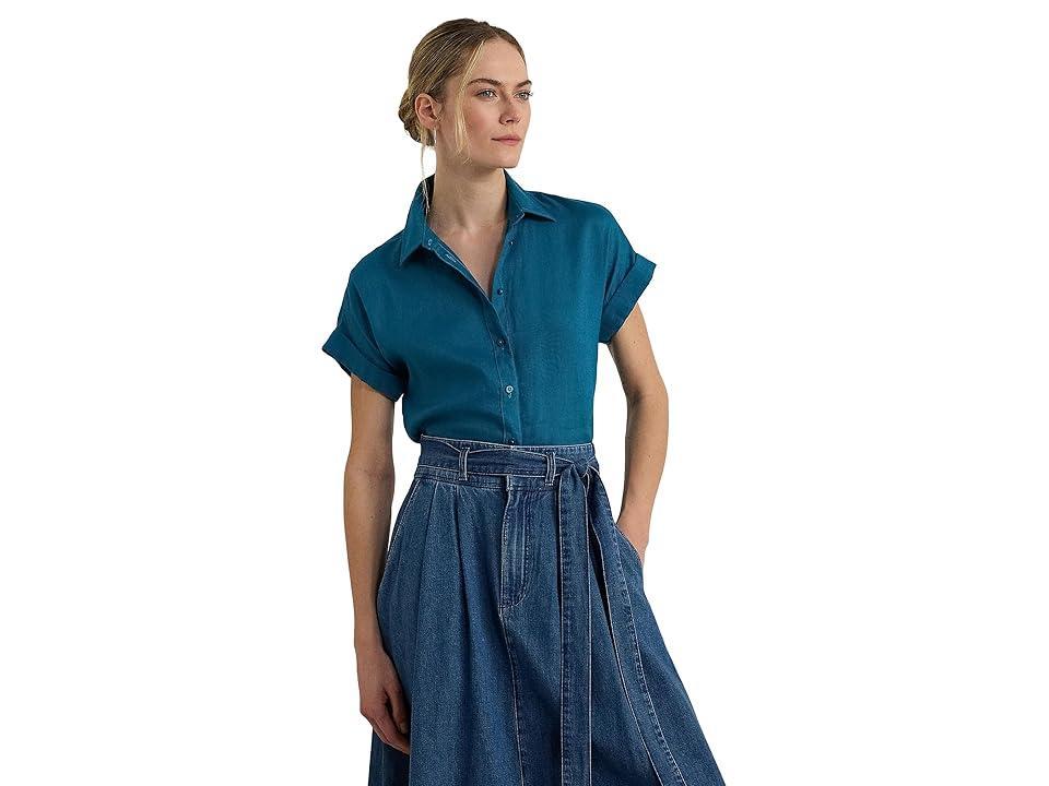 LAUREN Ralph Lauren Relaxed Fit Linen Short-Sleeve Shirt (Turquoise Sky) Women's Clothing Product Image