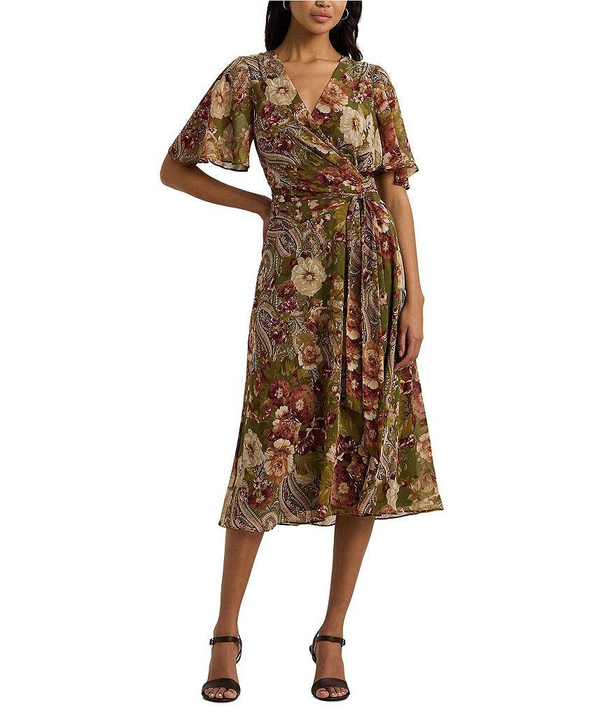 Lauren Ralph Lauren Abel Floral Print Surplice V-Neck Short Flutter Sleeve Tie Waist Midi Dress Product Image