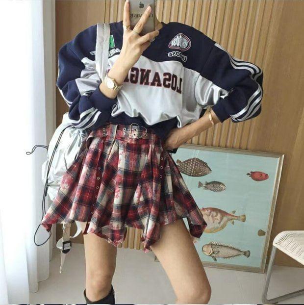 High Rise Belted Gingham Asymmetric Mini Skirt Product Image