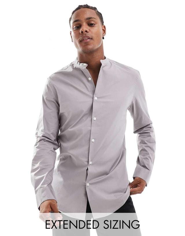 ASOS DESIGN slim fit band collar shirt in charcoal Product Image