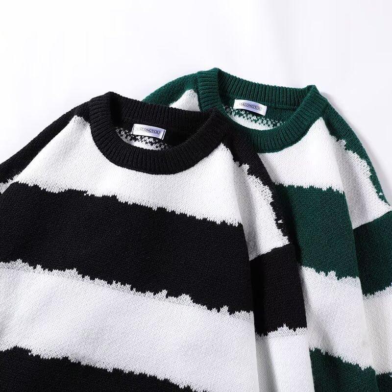 Crew Neck Drop Shoulder Striped Oversized Sweater Product Image