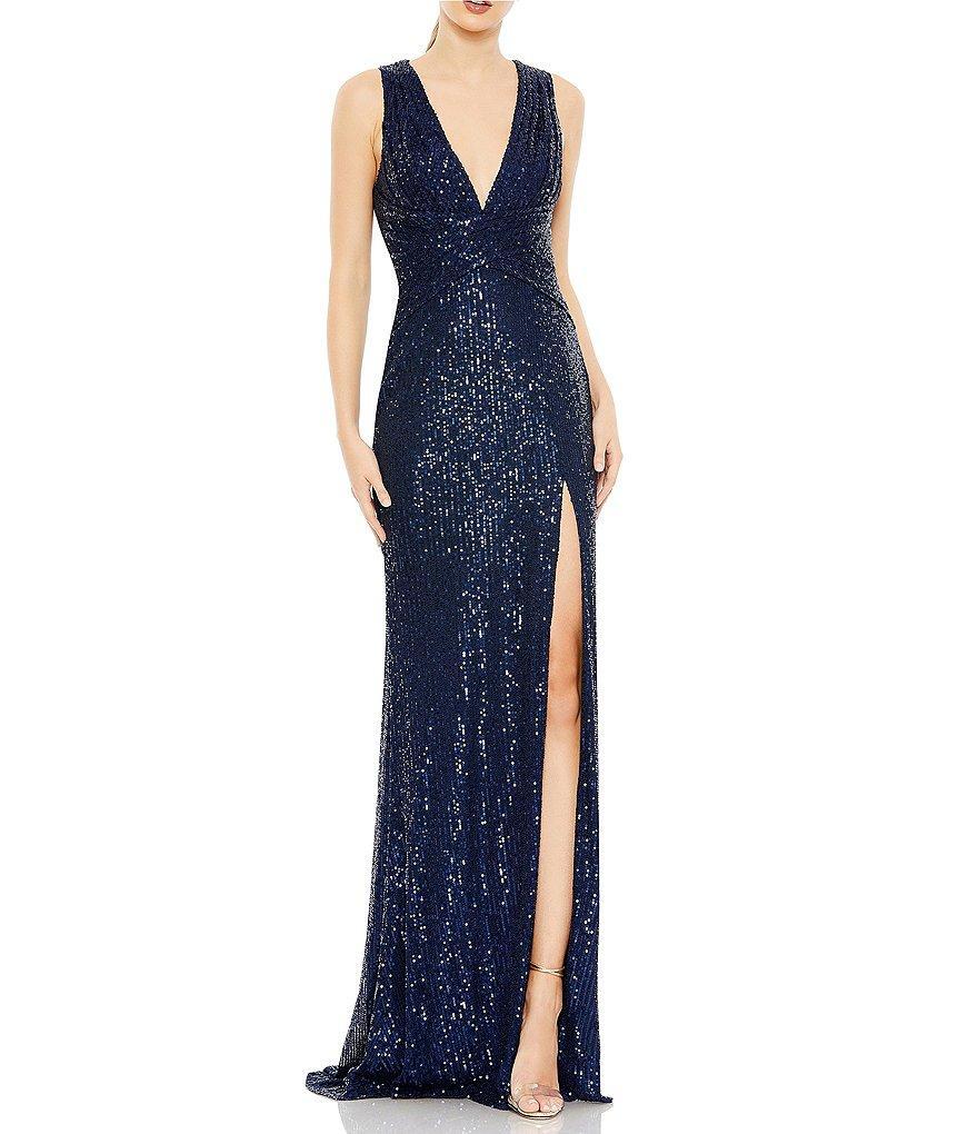 Mac Duggal V-Neck Sleeveless Ruched Waist Front Slit Sequin Gown Product Image