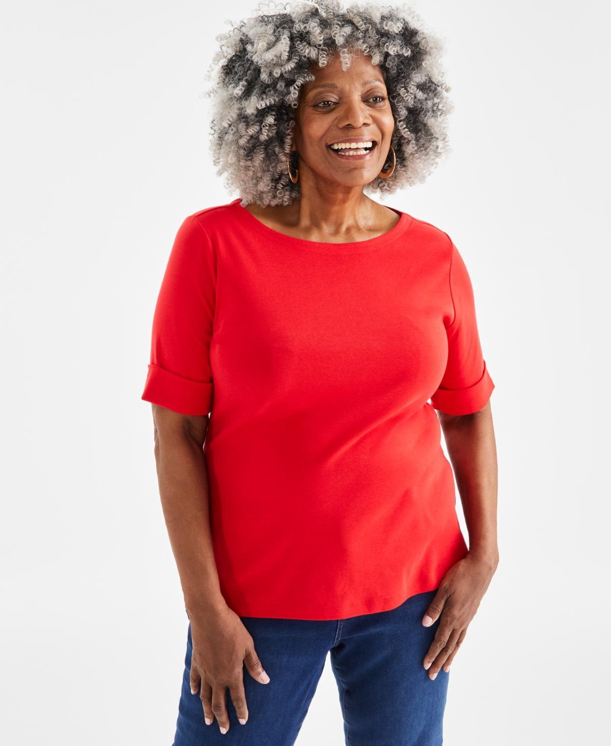 Women's Boat-Neck Elbow Sleeve Cotton Top, XS-4X, Created for Macy's Product Image