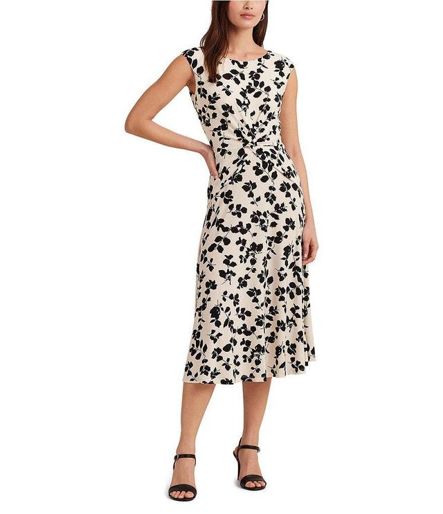 Lauren Ralph Lauren Floral Print Boat Neck Cap Sleeve Twist Front Midi Dress Product Image