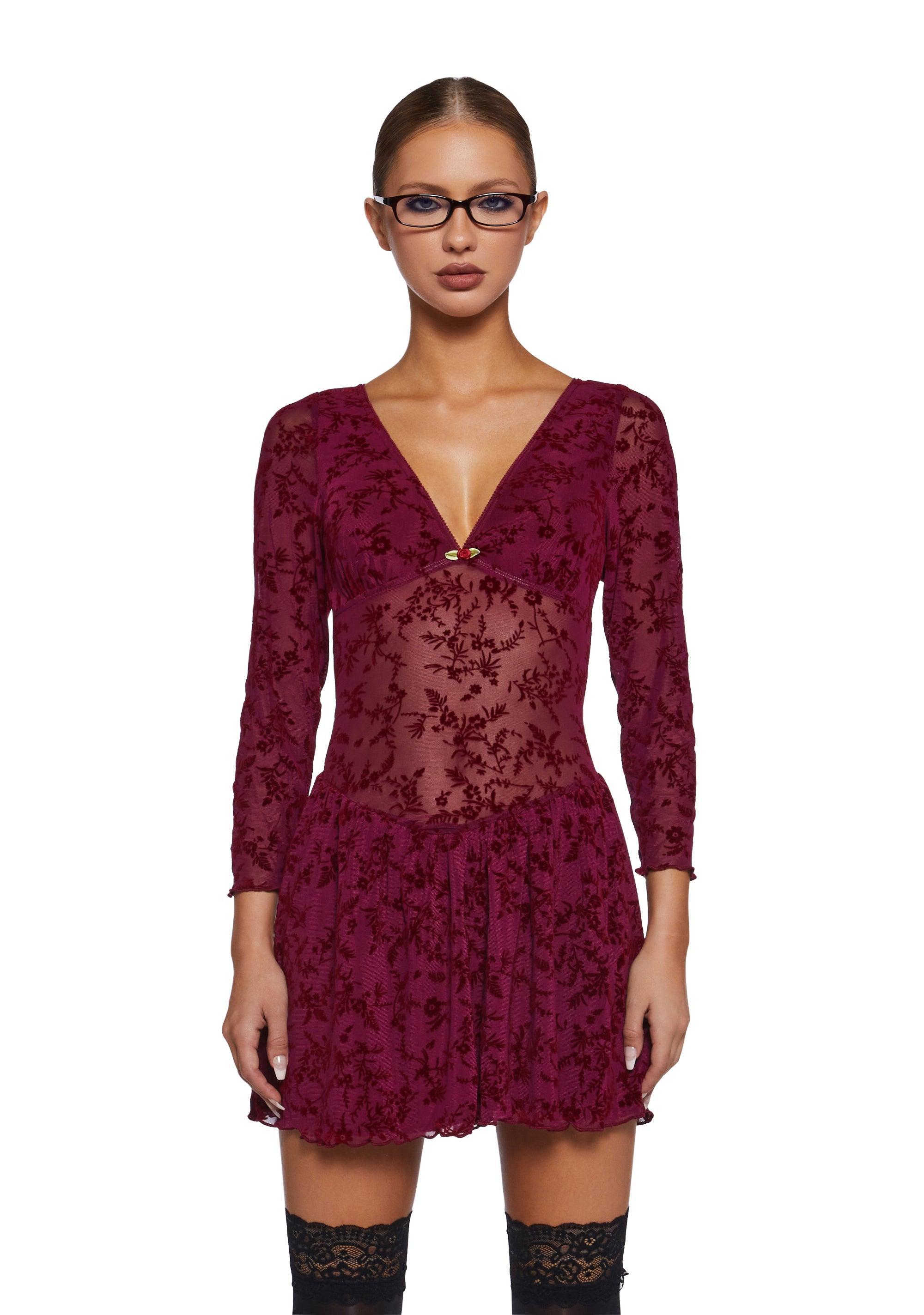 Stretchy Mesh Flocked Floral Velvet Mini Dress - Dark Red Product Image