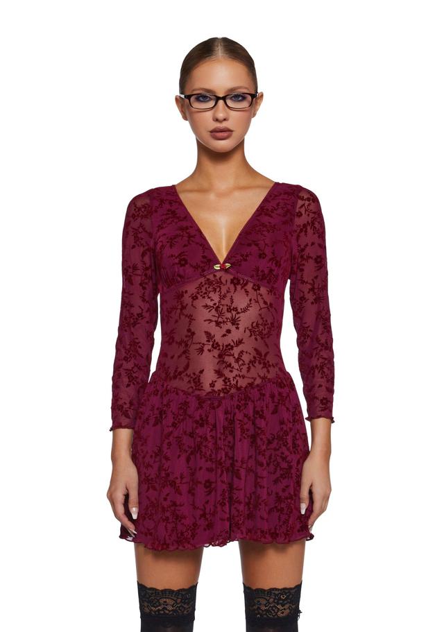 Stretchy Mesh Flocked Floral Velvet Mini Dress - Dark Red Product Image