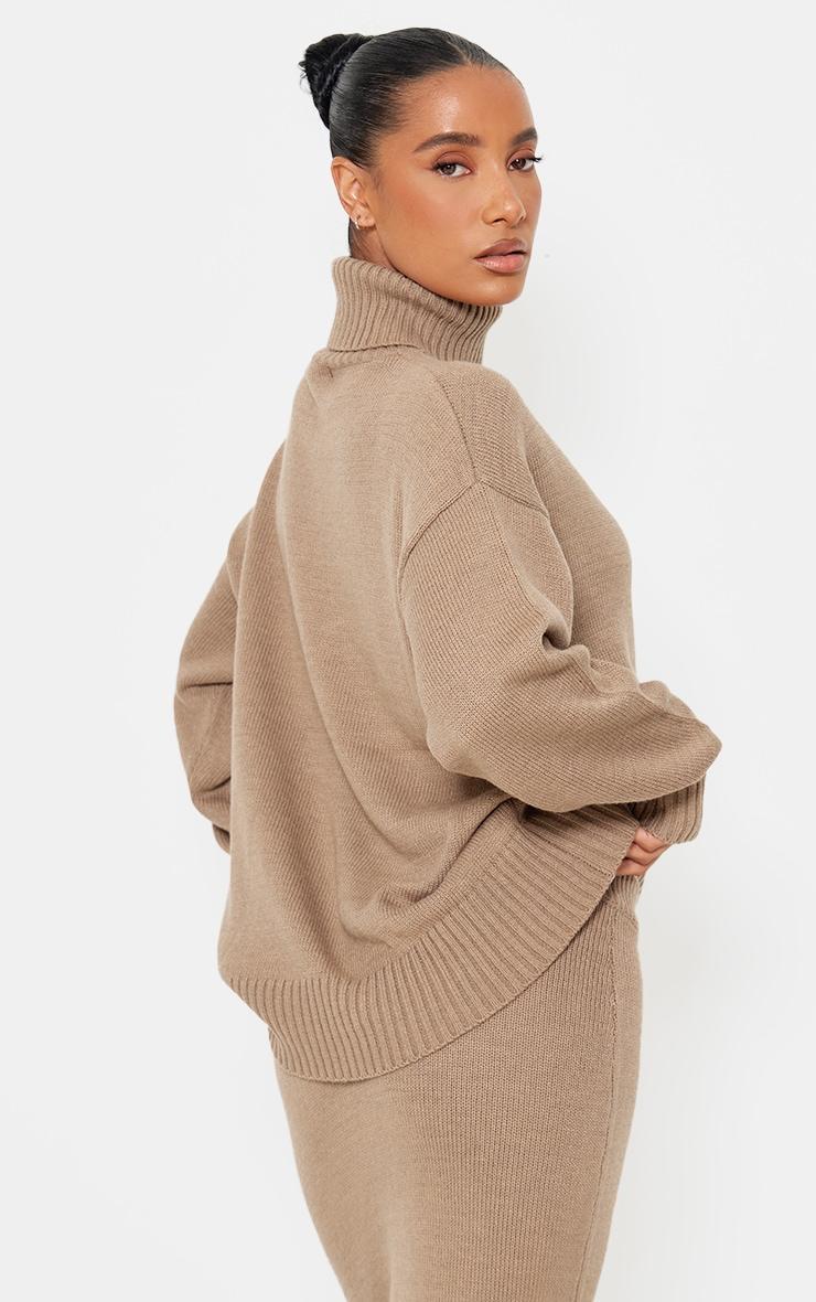 Light Mocha Soft Knit Roll Neck Oversized Sweater Product Image