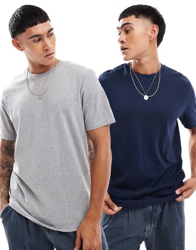 ASOS DESIGN 2 pack crew neck T-shirts in gray heather and navy Product Image