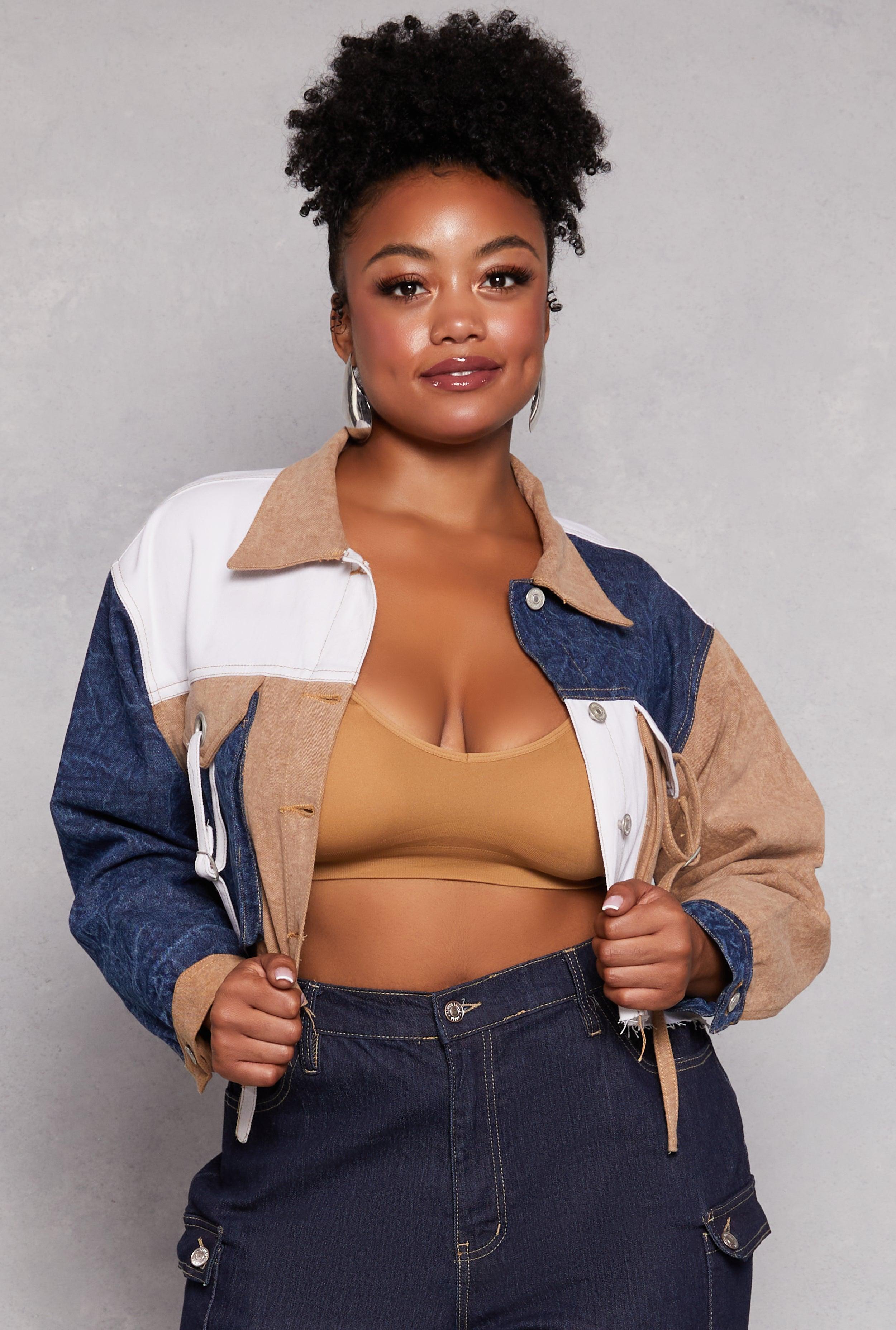 Womens Plus Size Color Block Cropped Jean Jacket Product Image