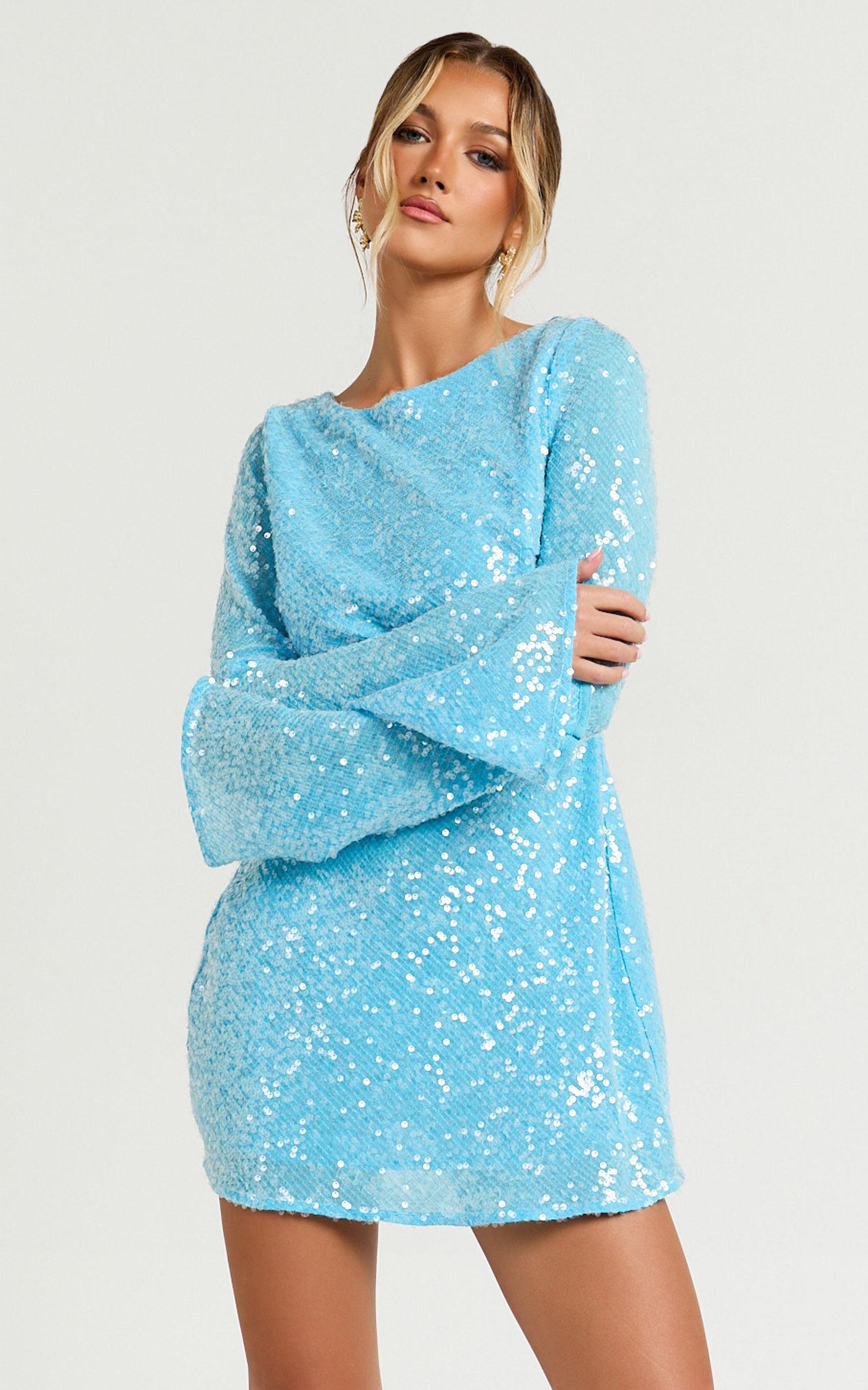 Bertina Mini Dress - Sequin Scoop Neck Low Back Dress in Blue Product Image